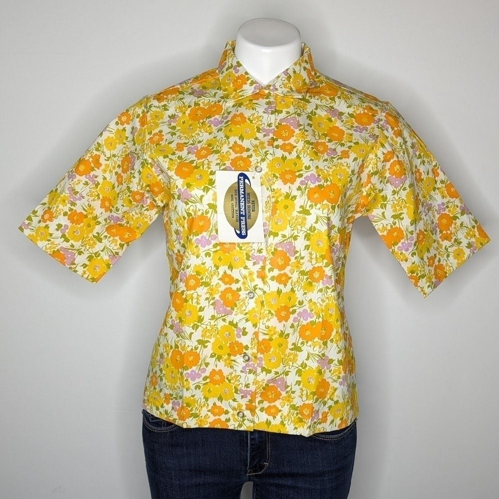 NWT Vintage Miss Holly deadstock yellow orange floral button up short sleeve 34